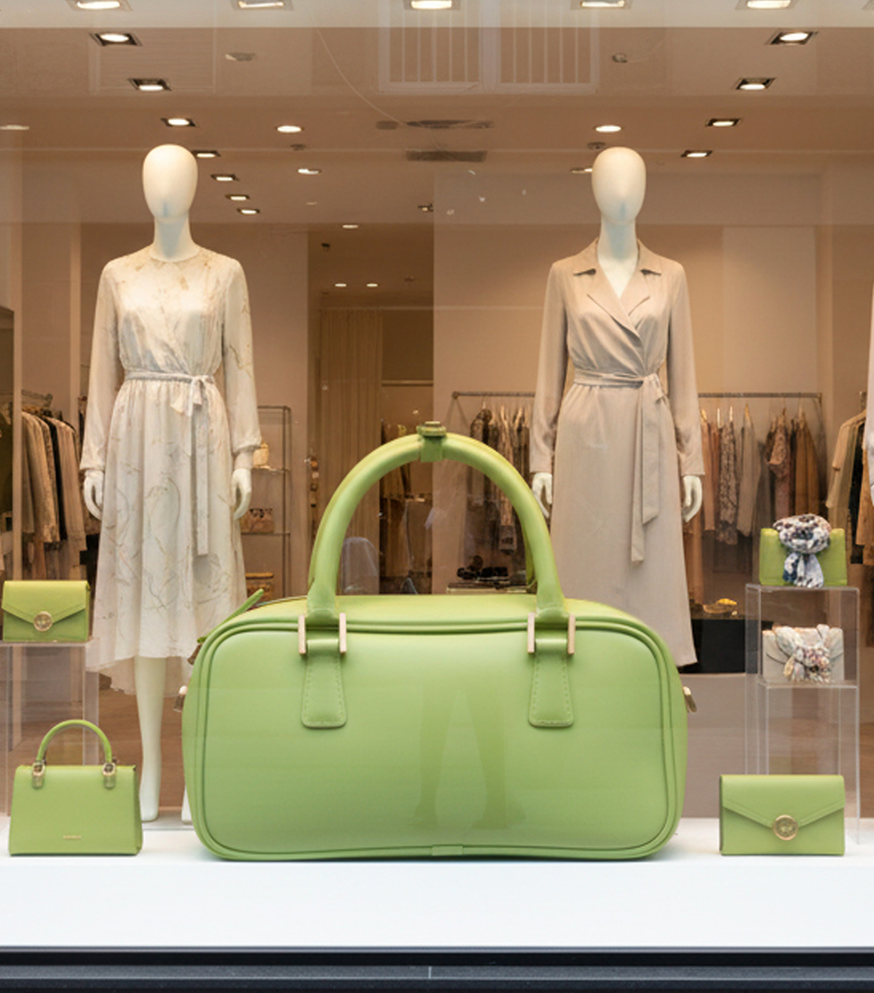 Bolso verde de gran formato instalado en un escaparate, junto a las piezas originales