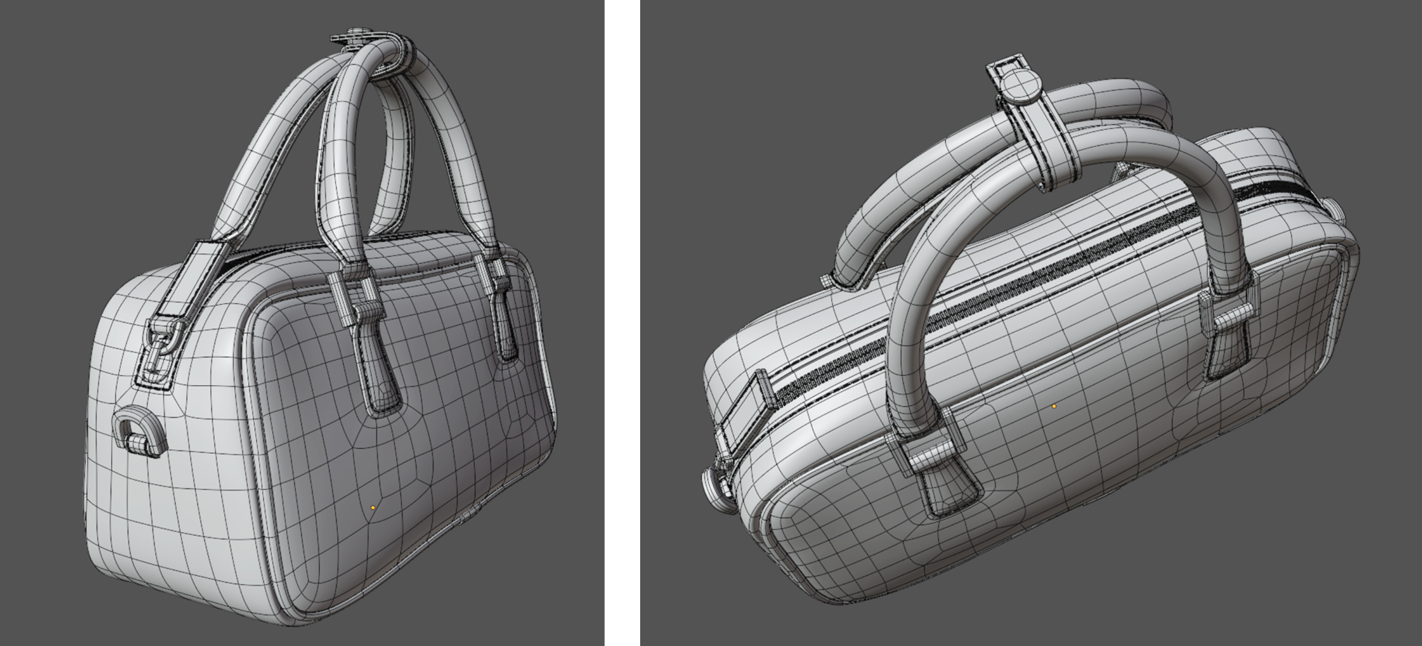 Dos vistas del modelo 3D del bolso mostrando su geometría y wireframe