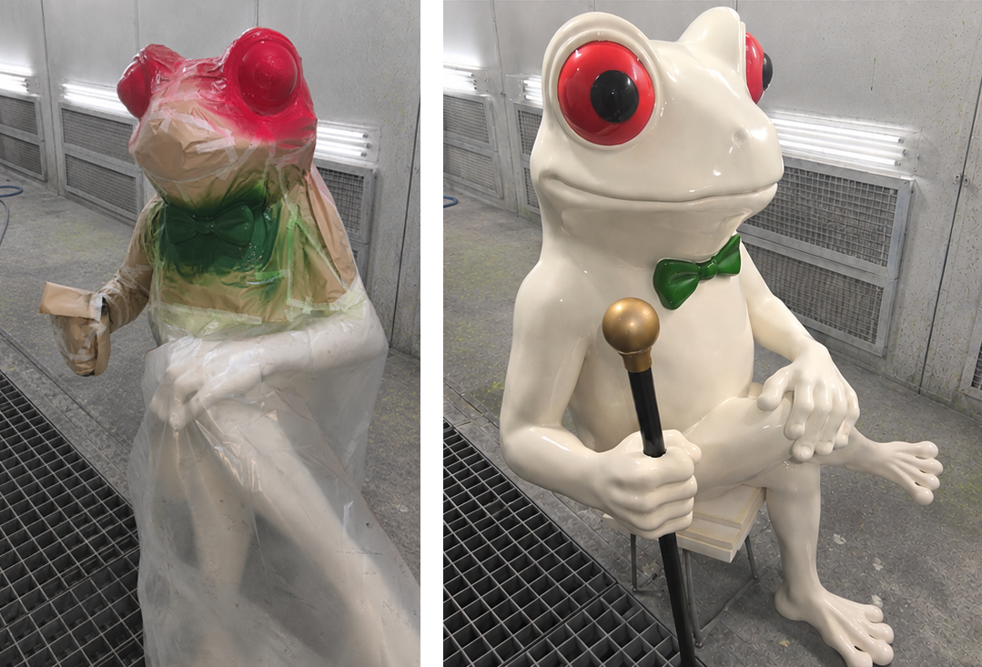 Montaje del proceso de enmascarado, pintura y resultado final de la rana